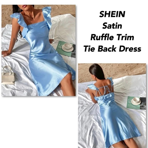 SHEIN Satin Ruffle Trim Tie Back Dress Metallic Sky Blue Size Medium Formal - Picture 1 of 7